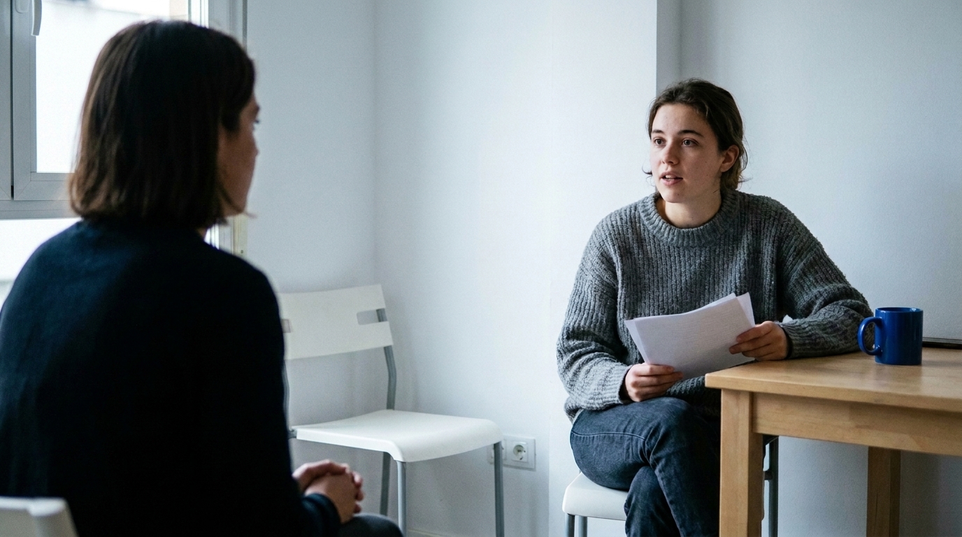 Persona joven en un programa de prácticas profesionales en España Persona joven en una reunión de trabajo durante un programa de prácticas en España